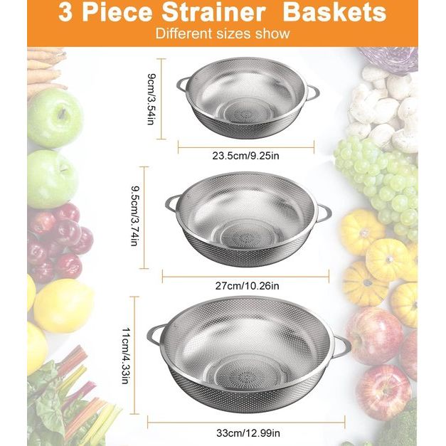 Kitchen Strainer, Set of 3, Stainless Steel, Micro-Perforated Kitchen Strainer, Pasta Strainer with Handle, Colander for Pasta, Fruit, Rice, Vegetables, Healthier and Highly Polished,