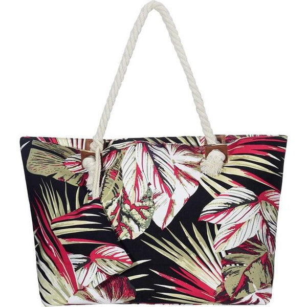 Grote strandtas met ritssluiting 58 x 38 x 18 cm verenopdruk shopper schoudertas strandstijl, zwart