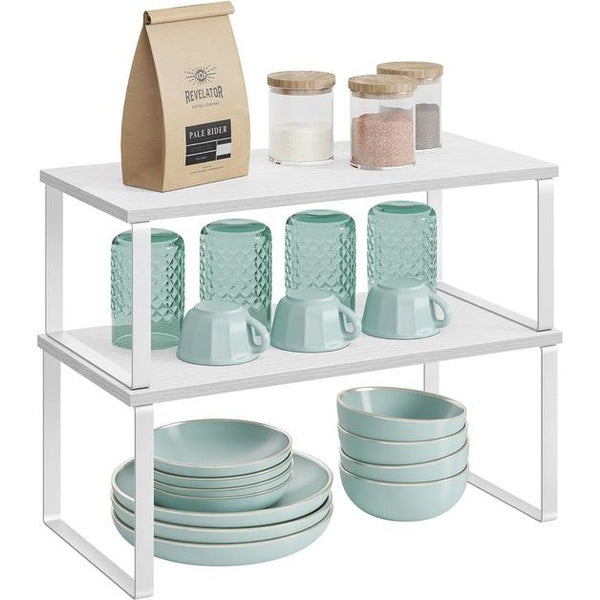 Kruidenrek, set van 2 keukenorganizer, keukenrek, kastorganizer, keuken, uitbreidbaar, klein rek, stapelbaar, metaal en houtmateriaal, wolkenwit-sneeuwwit