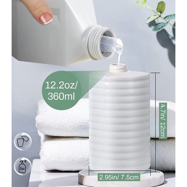 Zeepdispenser, 360 ml pompdispenser, vloeibare zeep, afwasmiddeldispenser van keramiek, ronde lotiondispenser, navulbare dispenser, afwasmiddeldispenser, elegante accessoires, decoratie voor badkamer, keuken, wastafel, wit