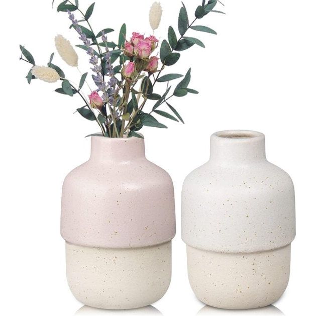 Keramische vaas, kleine vazen voor tafeldecoratie, bloemenvaas, modern, vaas wit en roze, handgemaakte vazen, leuke kleurenmix vazenset voor woondecoratie, vensterbanken, woonkamer, in set van 2