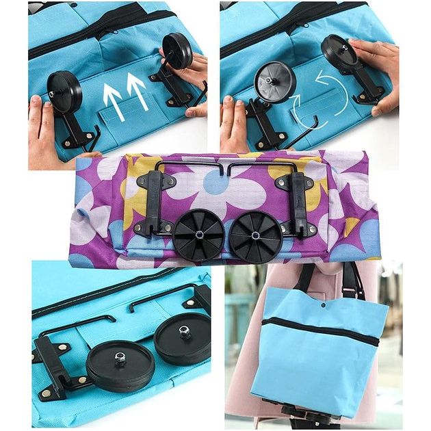 Opvouwbare boodschappentas, inklapbaar, zijvakken, draagbare als boodschappentrolley, draagtas, opvouwbare opbergtas met opvouwbare wasmand, waterproof (pairs bloem)
