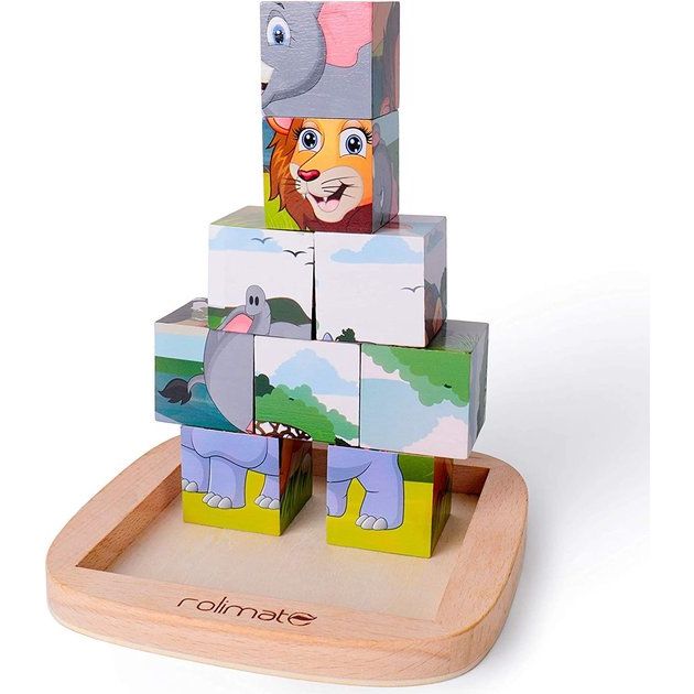 Houten fotokubus 3D houten puzzelspellen 6 in 1 dierenmotieven met 9 dobbelstenen Houten speelgoed voor kinderen van 2 3 4 jaar Montessori voorschools educatief speelgoed, 16x16 cm, kleurrijk