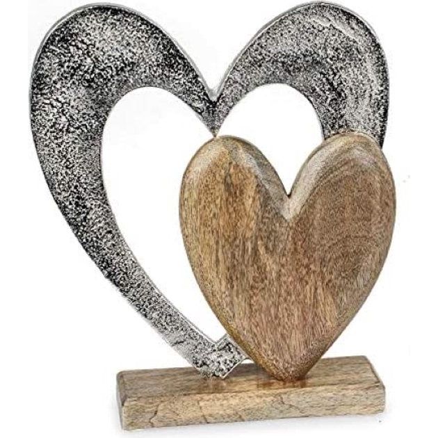 Decoratief figuur hard hard 26 cm, massief mango hout naturel bruin metaal aluminium zilver, decoratief hard display hard decoratie om neer te zetten