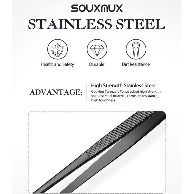 2 stuks 30,5 cm Kookpincet, tang, precisie, gekartelde punten, roestvrij staal, professioneel kooktriet, keukengereedschap voor grillen, coaten en serveren (zwart)
