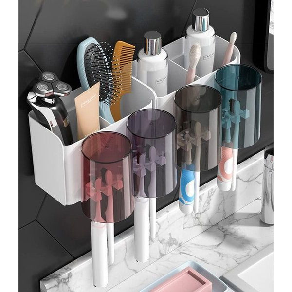 Tandenborstelhouder, zelfklevende tandenborstelhouder, 4 kopjes + 8 opbergvakken voor tandenborstelkoppen