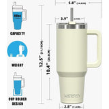 Koffiebeker om mee te nemen, dubbelwandig, roestvrij staal, vacuüm, lekvrij, met handvat en rietje, draagbare autobeker, thermobeker, beige voor koude warme dranken, beige