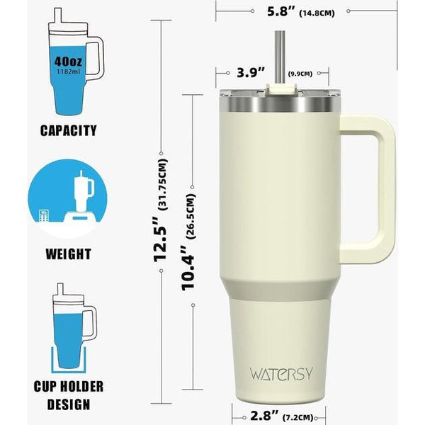 Koffiebeker om mee te nemen, dubbelwandig, roestvrij staal, vacuüm, lekvrij, met handvat en rietje, draagbare autobeker, thermobeker, beige voor koude warme dranken, beige