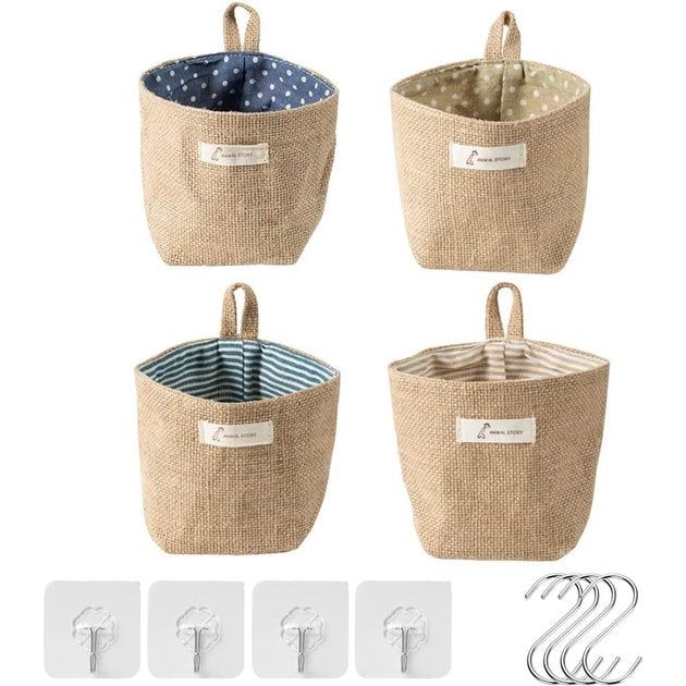 Pack of 4 Hanging Bags, Cotton Linen Wall Hanging, Foldable Storage Baskets, Waterproof Hanging Wall Mounted Organiser with S Handle and J Hook for Small Items, Keys, Flower Pot