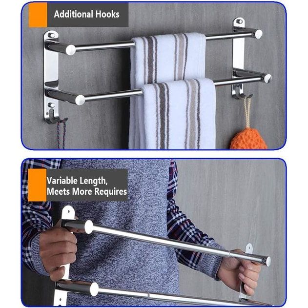Handdoekhouder, chroom, roestvrij staal, met haken, intrekbaar, 49-90 cm, handdoekstang, badkamer, wandmontage, handdoekhouder voor badkamer, keuken, toilet, hotelhanddoekhouder