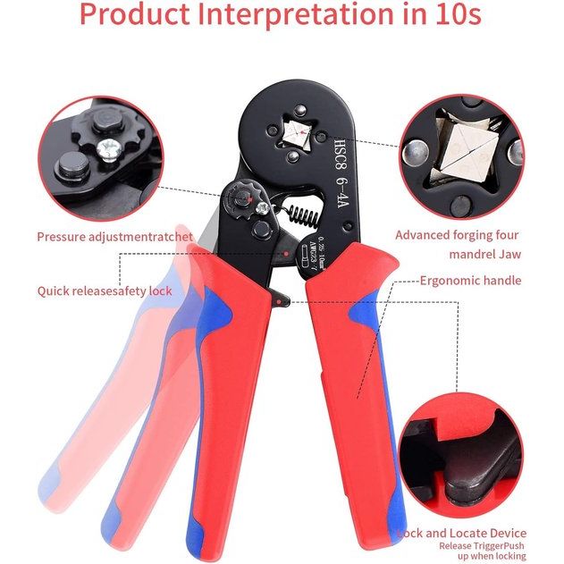 Krimptang, krimptangset voor elektrische installatie, krimptang met 1200-delige adereindhulzenset, adereindhulstang voor 0,25-10 mm² (AWG 23-7) kabel, model HSC8 6-4 krimpertang