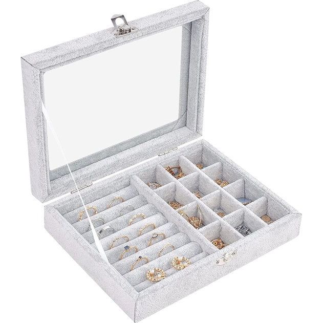 sieraden-organizerdoos, sieradendoos met glazen deksel, sieradendisplay, sieradendoos voor halsketting, armband, ringen, oorbellen, sieraden (grijs)