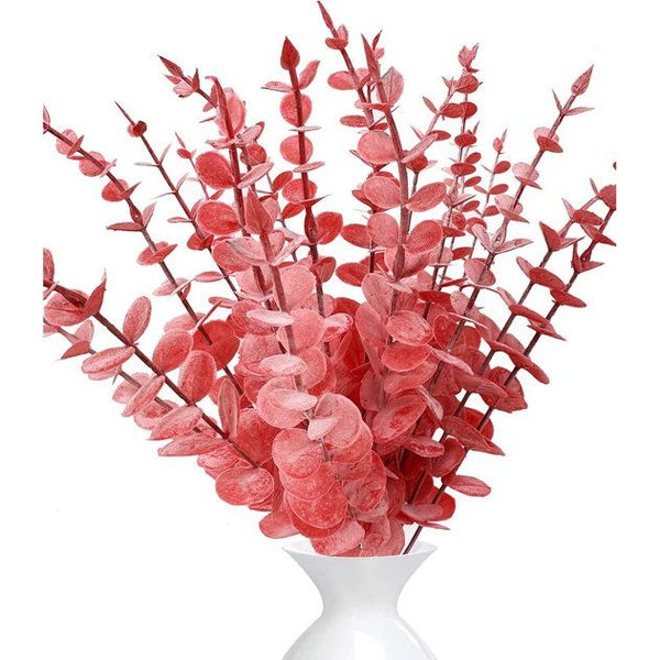 Kunstmatige eucalyptus decoratieve tak, pakket van 20 planten, eucalyptusbladeren, eucalyptusstam, kunstplanten, kunstmatige eucalyptusbomen, zilveren dollar, nepplant (20, rood)