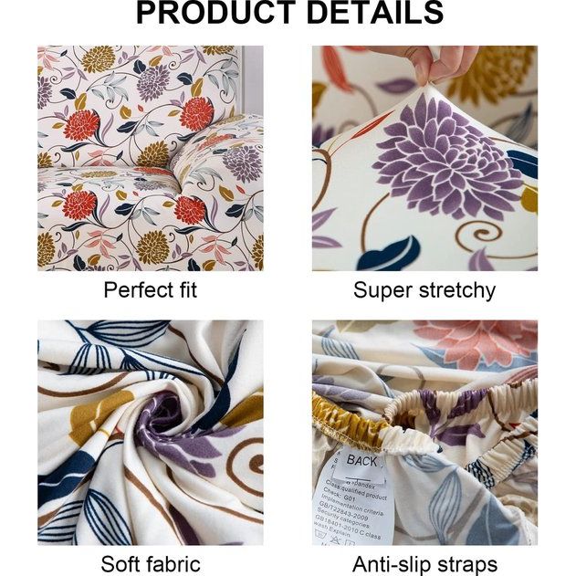 Bankhoes voor 3-zits, elastisch, stretch, spandex, antislip, wasbaar, met armleuning, bloemenstijl