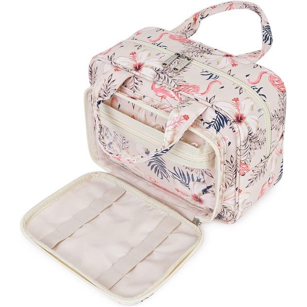 Toilettas, grote make-uptas, organizer voor op reis, voor dames en dames, Beige flamingo