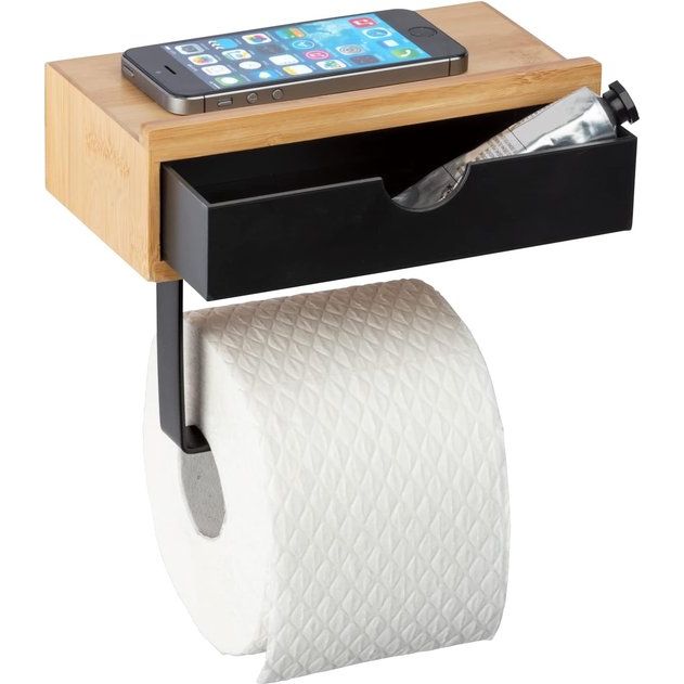 Bambusa Toilet Roll Holder with Practical Shelf Made of High-Quality Bamboo, Drawer for Wet Wipes, Holder for Wall Mounting, Includes Mounting Material, 18.5 x 14 x 10.5 cm, Natural/Black