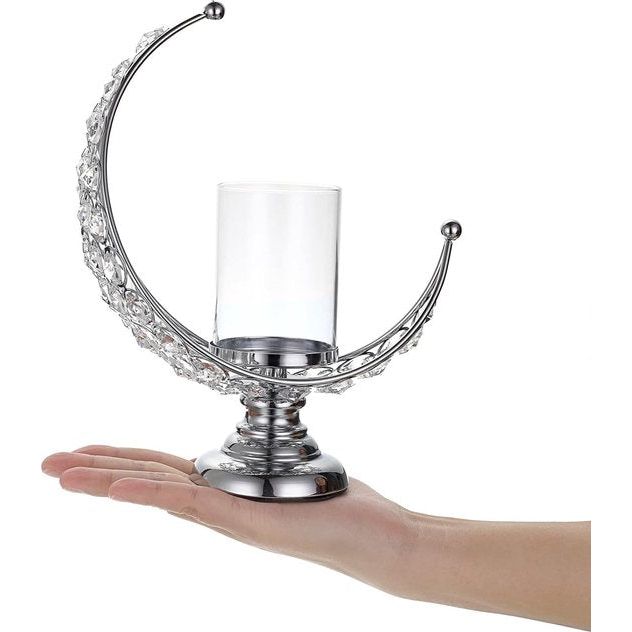 Maanvorm Kristal Theelichtje van glas Metaal Kaarshouder Kaarshouder Kaarshouder voor thuiskantoor Bruiloft Kerstdiner Tafeldecoratie voor stompkaars Zilver