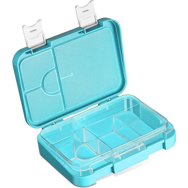 Bento Box lunchbox voor kinderen, met 4 + 2 vakken, extreem robuust, lunchbox, ideaal voor kinderopvang en school (Lichtblauw, paarden)