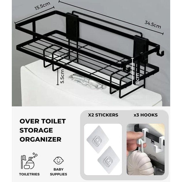 Badkamerplankje op het toilet. Organizer op het zelfklevende toilet met DRIE haken om sponzen of borstels op te hangen. Toiletballade voor het opbergen van toiletpapier en badaccessoires.