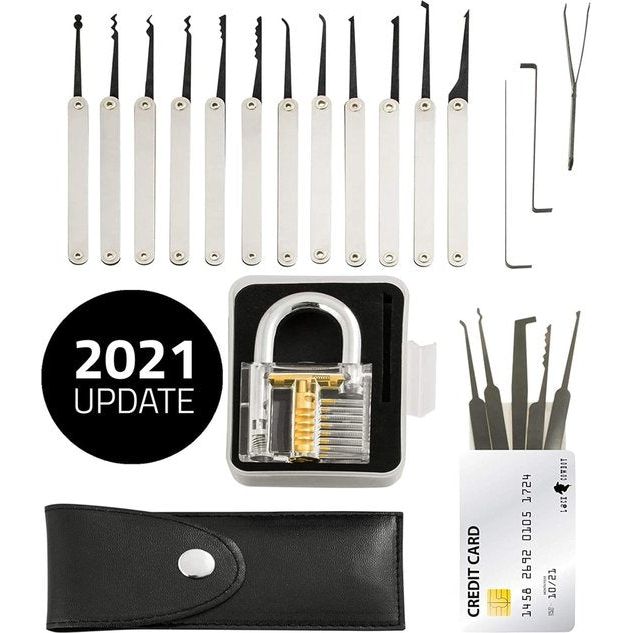 20-Piece Lock Pick Set with Transparent Padlock & False Key Kit with Credit Card Format For Beginners & Professionals