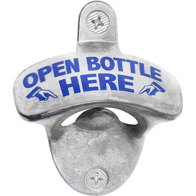 4 metalen wandflesopeners met opdruk in verschillende kleuren, bieropener met wandmontage, 8 x 6,5 cm (Open Bottle Here - 04 stuks)