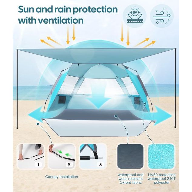 Strandtent voor 3-4 personen, pop-up strandtent met luifel, UPF 50+, UV-zonbescherming, waterdicht, voor gezinnen, strand, camping, tuin, blauw