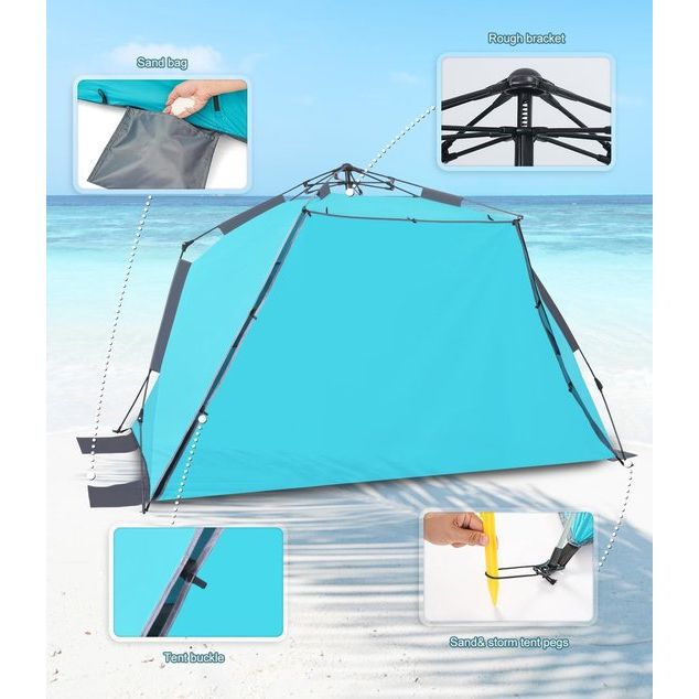 Strandtent voor 3-4 personen, pop-up strandtent met luifel, UPF 50+, UV-zonbescherming, waterdicht, voor gezinnen, strand, camping, tuin, blauw