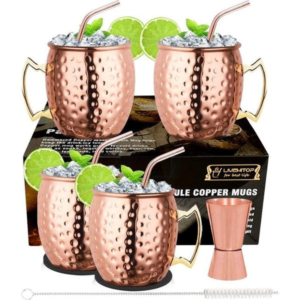 Moscow Mule Moscow Mule Bekers, 4-delige set, gehamerde koperen bekers met jigger voor koude dranken, thuis, bar, feest, cadeau