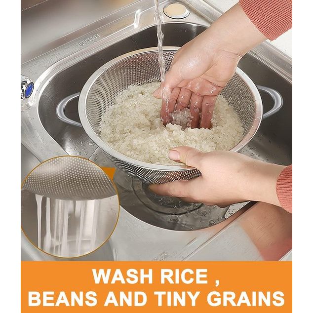 Kitchen Strainer, Set of 3, Stainless Steel, Micro-Perforated Kitchen Strainer, Pasta Strainer with Handle, Colander for Pasta, Fruit, Rice, Vegetables, Healthier and Highly Polished,