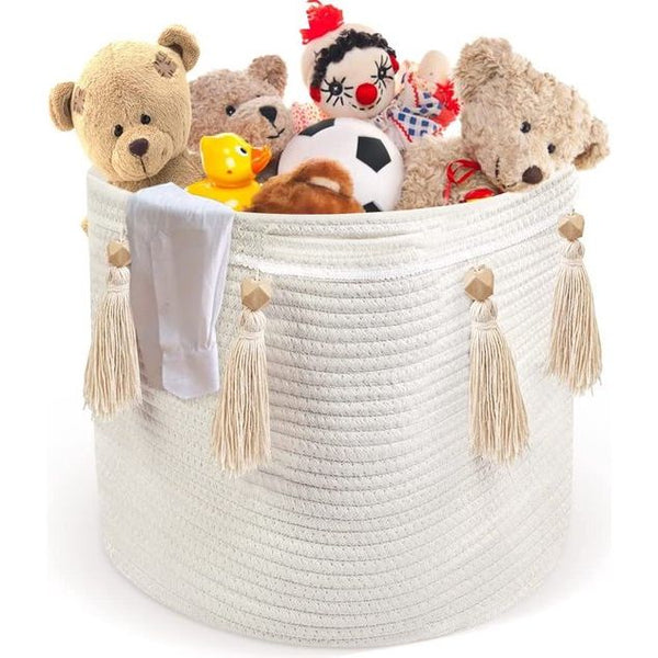 Manden van gevlochten touw, grote mand van katoenen touw, wasmand, opbergmand, gevlochten ronde geschenkmand met handgrepen, speelgoedopberger voor kinderkamer, organisatie van de was, wit