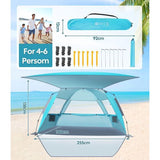 Strandtent voor 3-4 personen, pop-up strandtent met luifel, UPF 50+, UV-zonbescherming, waterdicht, voor gezinnen, strand, camping, tuin, blauw