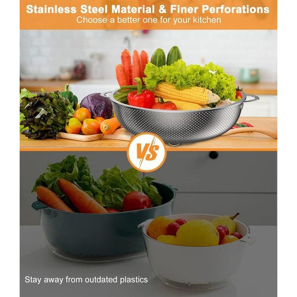 Kitchen Strainer, Set of 3, Stainless Steel, Micro-Perforated Kitchen Strainer, Pasta Strainer with Handle, Colander for Pasta, Fruit, Rice, Vegetables, Healthier and Highly Polished,