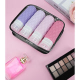 Siliconen reisflessenset 100 ml, set van 4 reisshampoocontainers, BPA-vrije reiscontainer en toiletartikelenset voor shampoocrème, reisflessen met transparante toilettas met ritssluiting