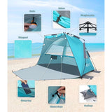 Strandtent voor 3-4 personen, pop-up strandtent met luifel, UPF 50+, UV-zonbescherming, waterdicht, voor gezinnen, strand, camping, tuin, blauw