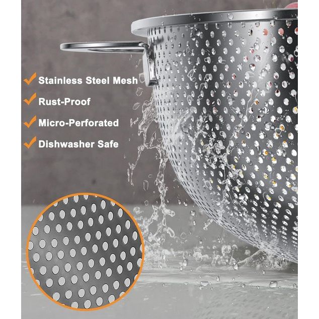 Kitchen Strainer, Set of 3, Stainless Steel, Micro-Perforated Kitchen Strainer, Pasta Strainer with Handle, Colander for Pasta, Fruit, Rice, Vegetables, Healthier and Highly Polished,