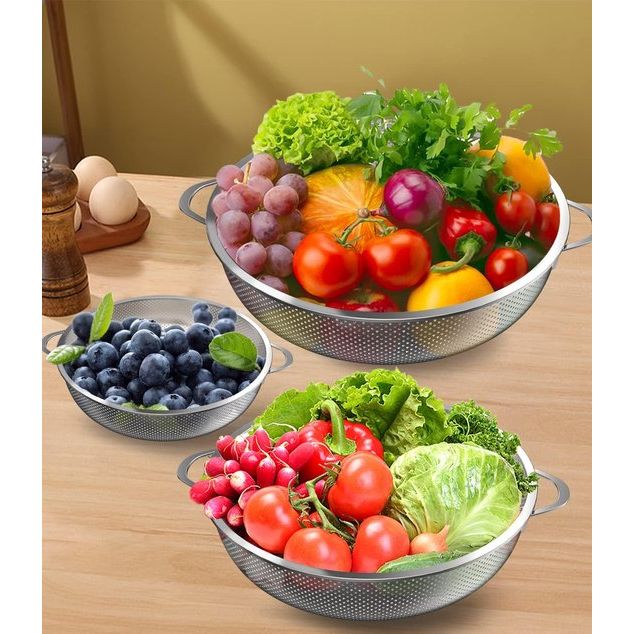 Kitchen Strainer, Set of 3, Stainless Steel, Micro-Perforated Kitchen Strainer, Pasta Strainer with Handle, Colander for Pasta, Fruit, Rice, Vegetables, Healthier and Highly Polished,