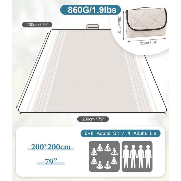 Picknickdeken, waterdicht, wasbaar, stranddeken, zandvrij, XXL, campingdeken, strandmat, geïsoleerd, met waterdichte onderkant (kaki, 200 x 200 cm)