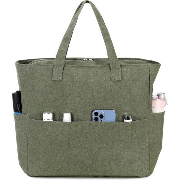 Grote strandtas met ritssluiting dames waterdichte schoudertas draagtas shopper zanddicht met ritssluiting zwembad fitness reistas familie, legergroen canvas