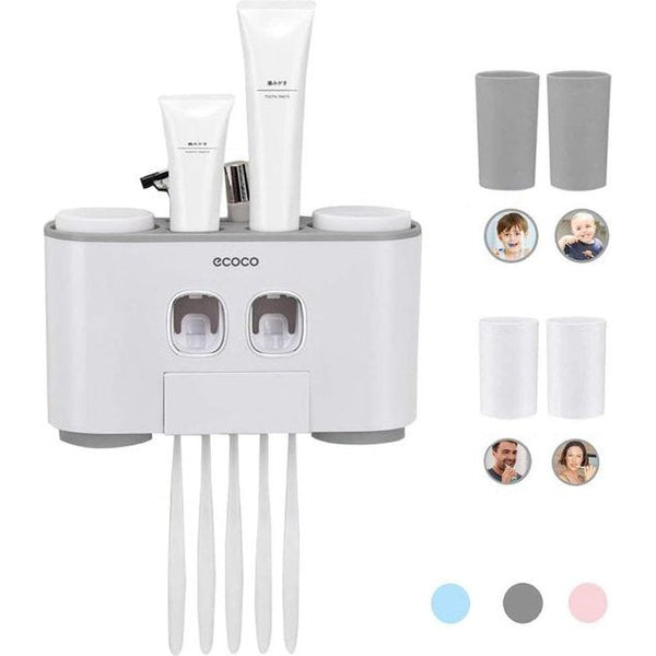 Automatische tandpastadispenser en tandenborstelhouder bevat 2 tandpastaknijpers, 4 kopjes, kan 5 tandenborstels plaatsen, geschikt voor alle soorten tandenborstels, set met wandmontage