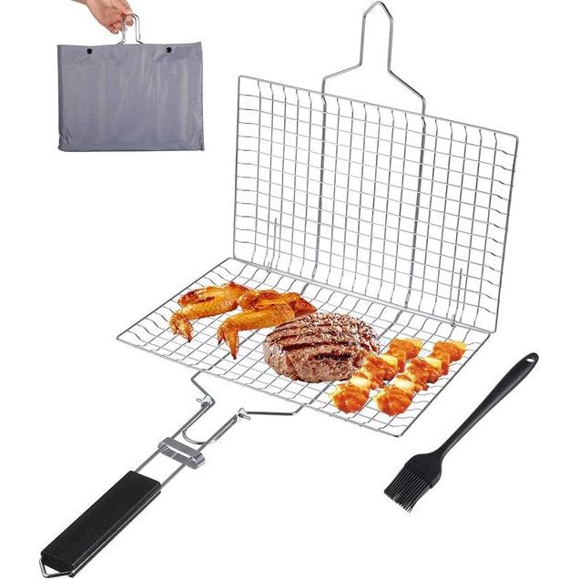 Grillmand van roestvrij staal Opvouwbare grillmand met afneembaar handvat Draagbaar grillrooster voor vis, steak, groenten, garnalen, inclusief deegborstel en opbergtas (32 x 22 cm)