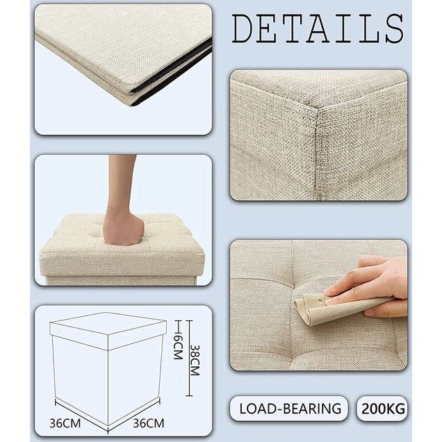 Kruk met opbergruimte, poef, kruk, opbergdoos, zitblok, inklapbaar, zitbank, gestoffeerd, zitkist, bank, ottoman fabric bekleding, stoel voor hal, kantoor, make-uptafel, eohnkamer, slaapkamer, beige