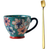 Handgeschilderde mok 350ml - Flower Art cup koffiekopje hoge kwaliteit porseleinen mok met oude ontwerp gouden lepel (stijl 20)