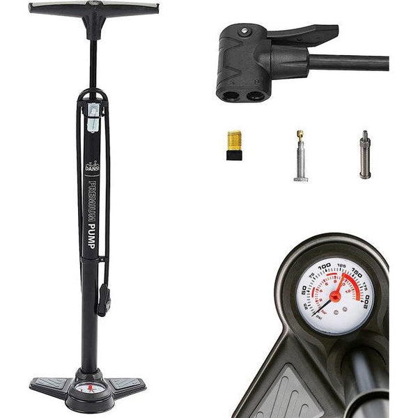Staande luchtpomp, diverse modellen, met adapters, geschikt voor alle gangbare ventielen, met manometer
