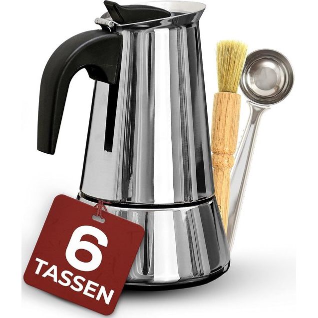 Espressomachine, geschikt voor inductie, 6 kopjes, roestvrij staal, set met doseerlepel en borstel, 300 ml