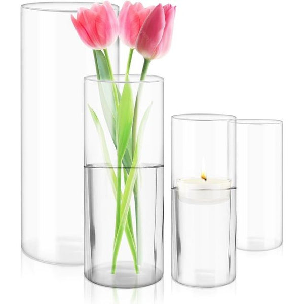 Set van 4 kaarsenhouders, glazen vaas, helder glas, cilinderkaarsenhouder, transparant, stompkaars, vas, bloemenvaas, modern, voor thuis, kantoor