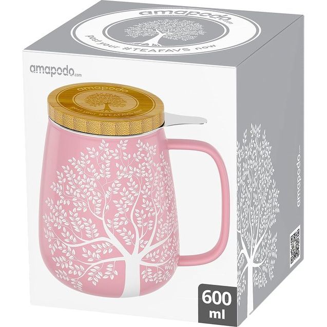 Theemok met deksel en zeef, 600 ml, grote porseleinen theemok - jumbomok - XXL Tea Cup set roze - plasticvrij