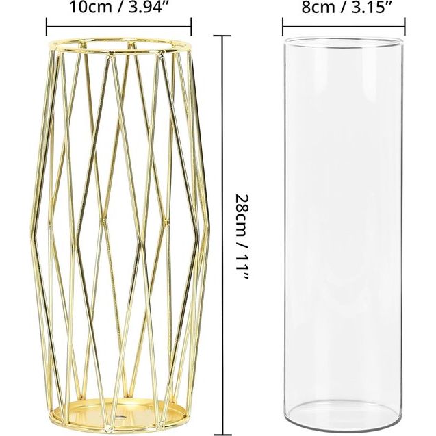 Gouden vazendecoratie voor tafelopzetstukken, 28 cm grote cilindervazen met decoratieve vaashouder van ijzer, bloemenarrangement voor pampasgras, decoratie en bruiloft tafeldecoratie