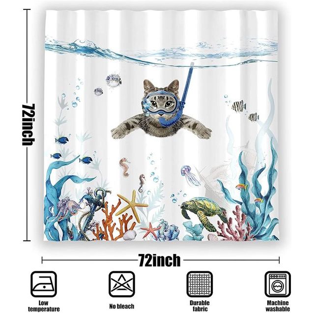 Shower Curtain Diving Cat Ocean Print Turtle Fish Starfish Waterproof Bath Curtain Durable Polyester 180 x 180 cm Modern Bathroom Decoration Accessories Comes with 12 Shower Curtain Rings