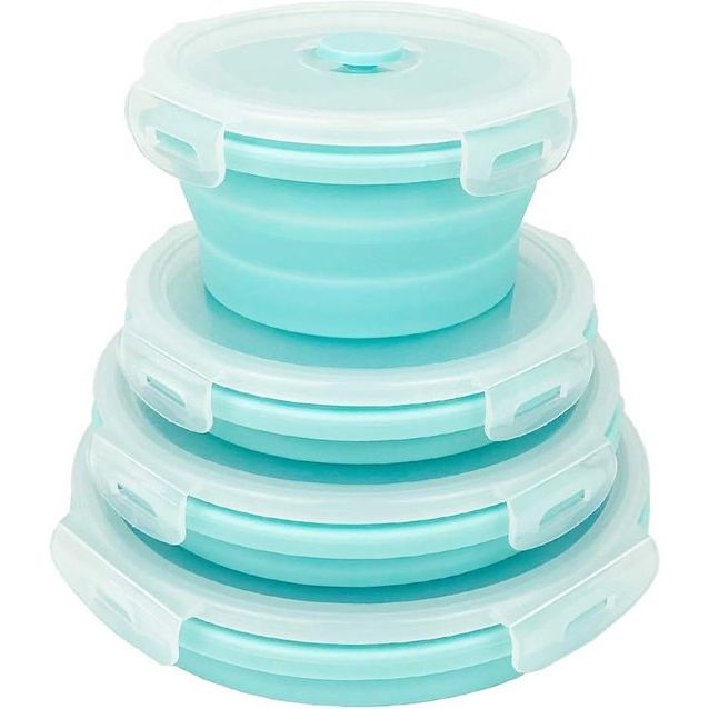 Collapsible Food Storage Containers, Silicone Bowls with Plastic Lids - Round Set of 4 - Microwave&Freezer Safe, for Kitchen and Camping