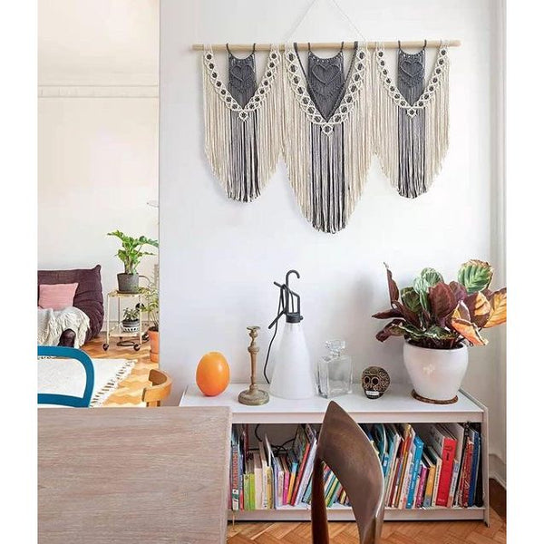 Macramé wandbehang kunst geweven tapijt boho deco chic home decor appartement slaapzaal kamerdecoratie, 110 cm (B) x 82 cm (H), balkondecoratie, wanddecoratie boho (SET G)